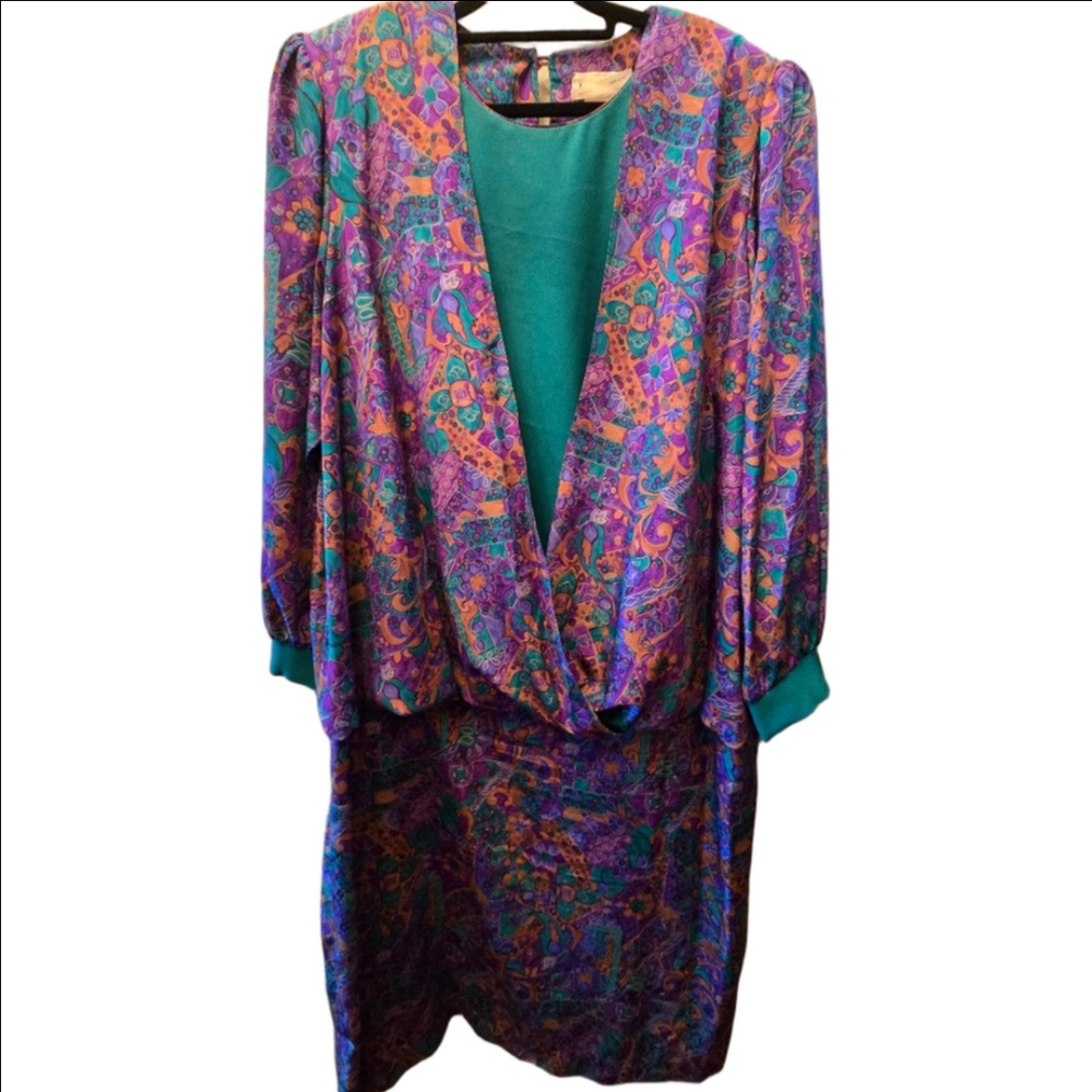 Vintage Leandra Montreal Abstract Dress Purple Teal 80s Draped Size 18½